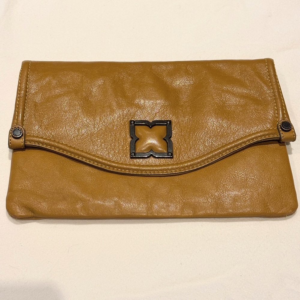BCBG Max Azria Womens Genuine Leather Envelope Clutch Purse Dark Yellow EUC